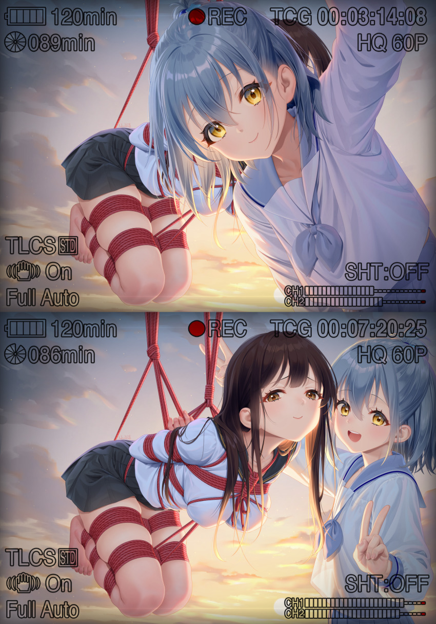 2girls :d absurdres arms_behind_back bare_legs barefoot bdsm blue_hair bondage bound bound_arms brown_eyes closed_mouth evening full_body hair_between_eyes haneru haori_haruki highres himino_seika himitsu_no_jugyou long_hair long_sleeves looking_at_viewer miniskirt multiple_girls open_mouth original outdoors recording rope sailor_collar school_uniform serafuku shibari shibari_over_clothes shirt skirt smile suspension v white_shirt yellow_eyes yuri