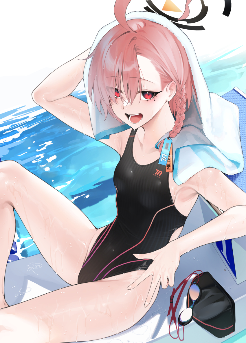 1girl absurdres ahoge arm_up black_one-piece_swimsuit blue_archive braid breasts goggles halo highres looking_at_viewer mole mole_under_eye neru_(blue_archive) one-piece_swimsuit open_mouth red_eyes rerrere sitting small_breasts solo swimsuit towel towel_on_head unworn_goggles water