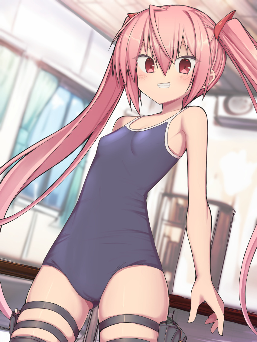 1girl absurdres blue_one-piece_swimsuit blush bookshelf breasts commentary competition_swimsuit hair_between_eyes hidan_no_aria highres holster indoors kanzaki_h._aria konnyakugozen one-piece_swimsuit paid_reward_available pink_hair red_eyes small_breasts smile swimsuit thigh_holster thigh_strap twintails window