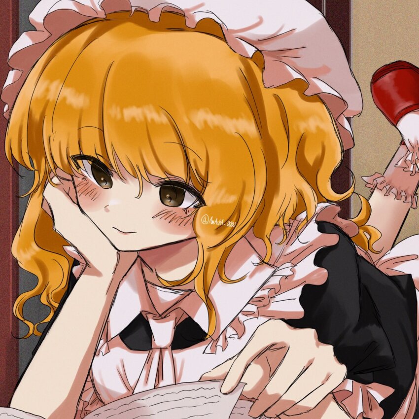 1girl amacha_0000 black_dress blonde_hair blush bobby_socks book brown_eyes cleaning_maid_(touhou) closed_mouth commentary_request dress hand_on_own_face hat highres lying medium_hair mob_cap on_stomach portrait_of_exotic_girls reading red_shoes shoes smile socks solo the_pose touhou white_hat white_socks