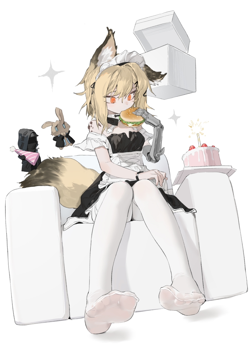 animal_ears apron arknights birthday_cake blonde_hair box burger cake candlestand couch eating feet focus_on_feet food fox_ears fox_girl fox_tail kentllaall looking_down maid maid_apron maid_headdress mechanical_arms open_box orange_eyes short_hair sitting sitting_on_object sitting_on_sofa tail vermeil_(arknights) white_background white_sofa