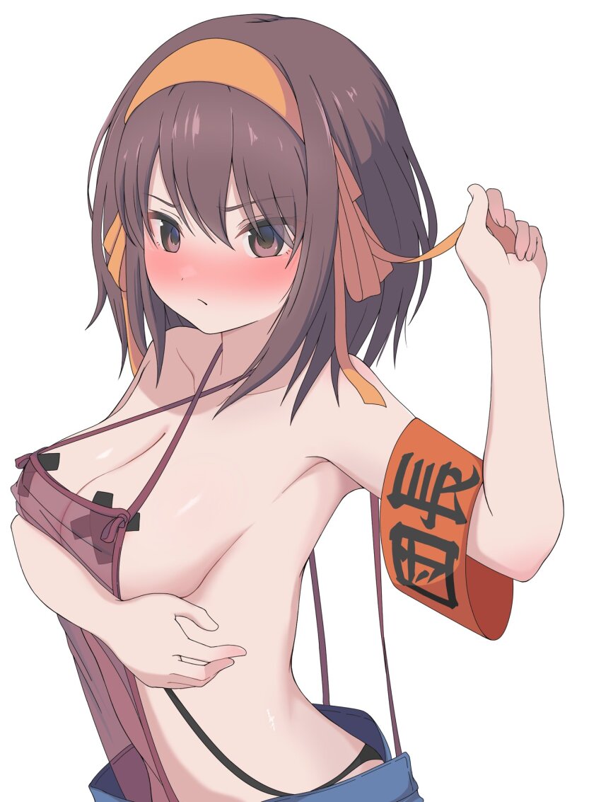 1girl :/ alternate_costume apron arm_under_breasts armband bandaid bandaids_on_nipples bare_shoulders blush breasts brown_eyes brown_hair cleavage closed_mouth collarbone criss-cross_halter curvy dot_nose embarrassed eyes_visible_through_hair frown hair_between_eyes hair_ribbon hairband halterneck hand_up highres holding holding_ribbon large_breasts looking_at_viewer medium_hair nose_blush orange_hairband orange_ribbon pasties rai_iceblast red_apron red_armband ribbon see-through_apron see-through_clothes sideboob simple_background solo straight_hair suzumiya_haruhi suzumiya_haruhi_no_yuuutsu upper_body v-shaped_eyebrows white_background