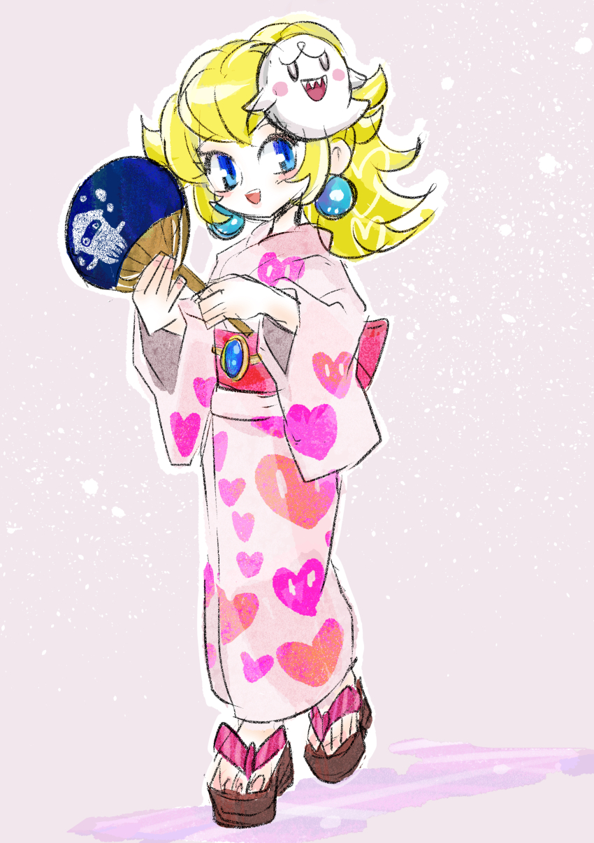 1girl absurdres blonde_hair blue_eyes boo_(mario) breasts earrings full_body gem hair_ornament heart heart_print highres japanese_clothes jewelry kimono long_hair long_sleeves looking_at_viewer mario_(series) mario_kart mario_kart_tour medium_breasts nintendo obi official_alternate_costume princess_peach princess_peach_(yukata) rakugaki_shitagari-ya sandals sash solo