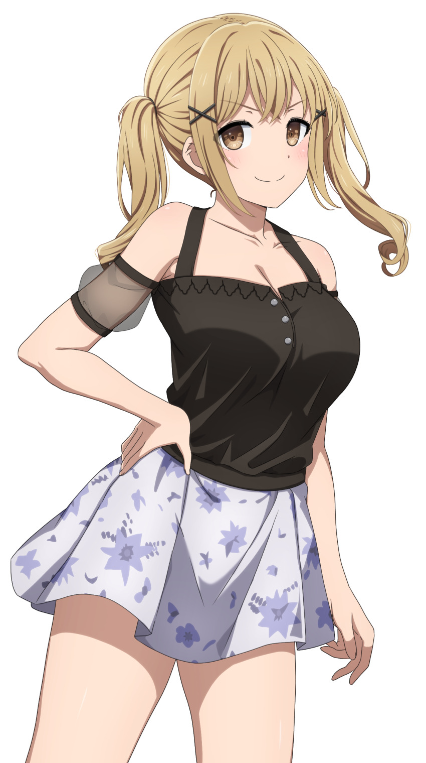 &gt;:) 1girl absurdres arm_at_side bang_dream! bare_shoulders black_shirt blonde_hair blush breasts brown_eyes buttons cleavage closed_mouth collarbone commentary cowboy_shot crossed_bangs detached_sleeves floral_print grey_skirt hair_ornament halter_shirt halterneck hand_on_own_hip highres ichigaya_arisa large_breasts long_hair looking_at_viewer miniskirt noshimurin paid_reward_available print_skirt puffy_detached_sleeves puffy_sleeves see-through_clothes see-through_sleeves shirt short_sleeves simple_background skirt sleeveless sleeveless_shirt solo standing twintails v-shaped_eyebrows white_background x_hair_ornament