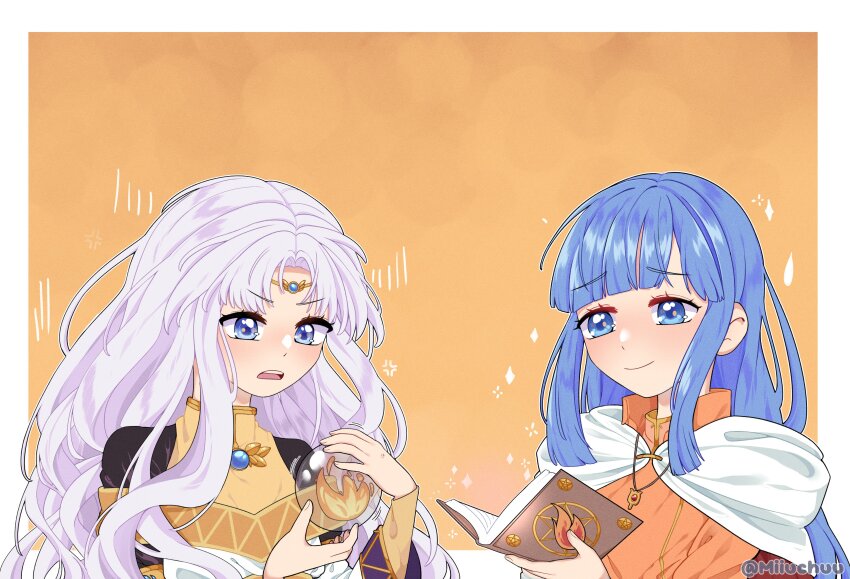 2girls absurdres anger_vein blue_eyes blue_hair book border closed_mouth commission enid_(tear_ring_saga) fire_emblem fire_emblem:_thracia_776 hands_up highres holding holding_book jewelry long_hair miiuchuu multiple_girls nintendo orange_background orb outside_border parted_bangs purple_hair sara_(fire_emblem) second-party_source smile tear_ring_saga:_berwick_saga tiara twitter_username upper_body white_border