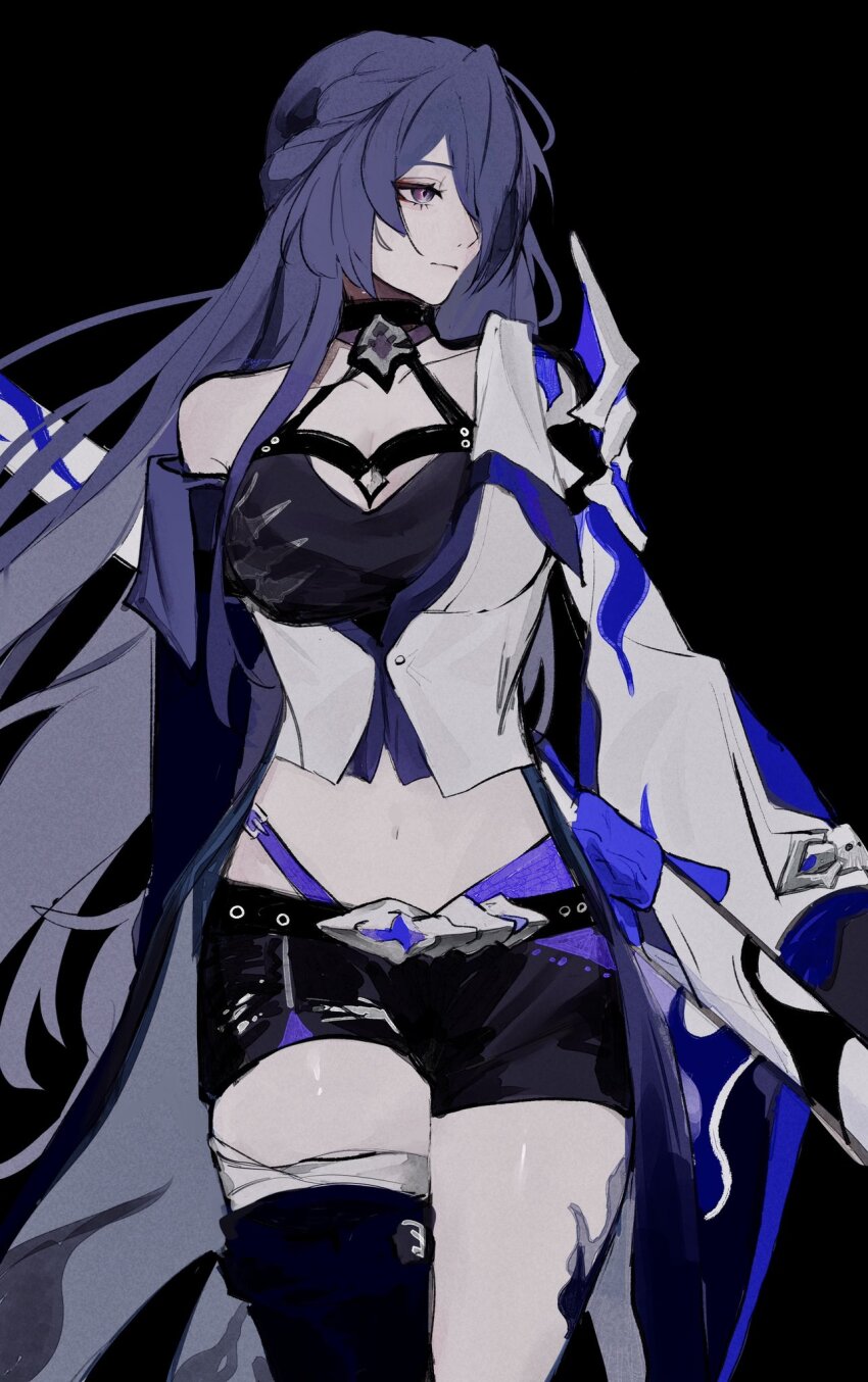 1girl acheron_(honkai:_star_rail) armor asymmetrical_legwear bandaged_leg bandages belt black_background black_belt black_shorts breasts cleavage closed_mouth co6_3g coat coattails collarbone cowboy_shot expressionless hair_between_eyes hair_over_one_eye highres honkai:_star_rail honkai_(series) large_breasts leg_tattoo long_hair looking_ahead looking_to_the_side midriff navel purple_eyes purple_hair revision shorts shoulder_armor sidelocks simple_background single_bare_shoulder solo tattoo thighs very_long_hair white_coat