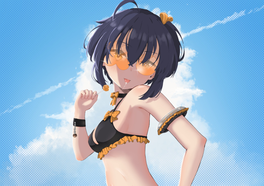 1girl ahoge bikini black_bikini black_choker blue_hair bracelet breasts candy choker chuunibyou_demo_koi_ga_shitai! clover-shaped_eyewear dark_blue_hair day food frilled_bikini frills glasses heterochromia highres holding holding_candy holding_food holding_lollipop inflatable_armbands jewelry lollipop looking_at_viewer orange-tinted_eyewear saliva saliva_trail short_hair sky small_breasts solo swimsuit takanashi_rikka tinted_eyewear tongue tongue_out upper_body vynn