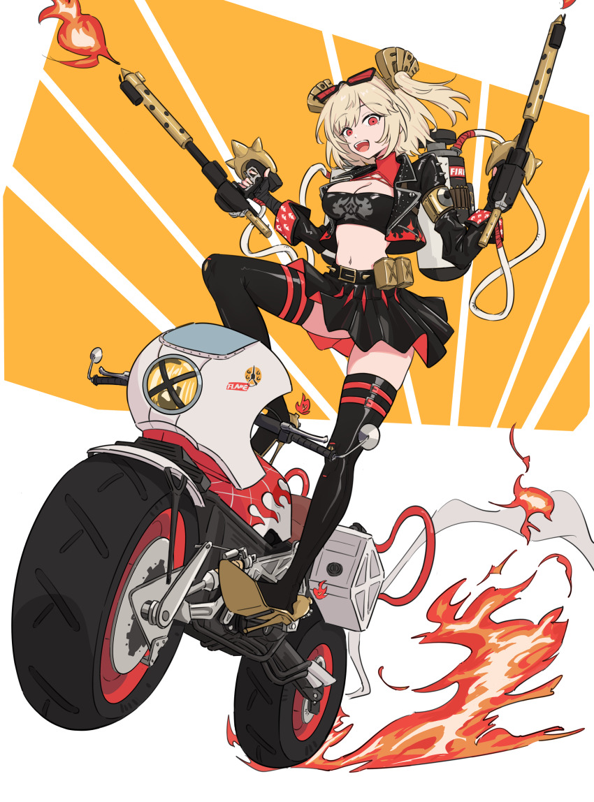 1girl absurdres belt black_belt black_jacket black_skirt black_thighhighs black_tube_top blonde_hair burnice_white crop_top eyewear_on_head flamethrower high_heels highres holding_flamethrower jacket looking_at_viewer motor_vehicle motorcycle navel on_motorcycle open_mouth pleated_skirt propane_tank red-tinted_eyewear red_eyes riding skirt solo spiked_belt spiked_jacket standing stomach strapless thighhighs tinkie tinted_eyewear tube_top two_side_up weapon white_background yellow_background zenless_zone_zero