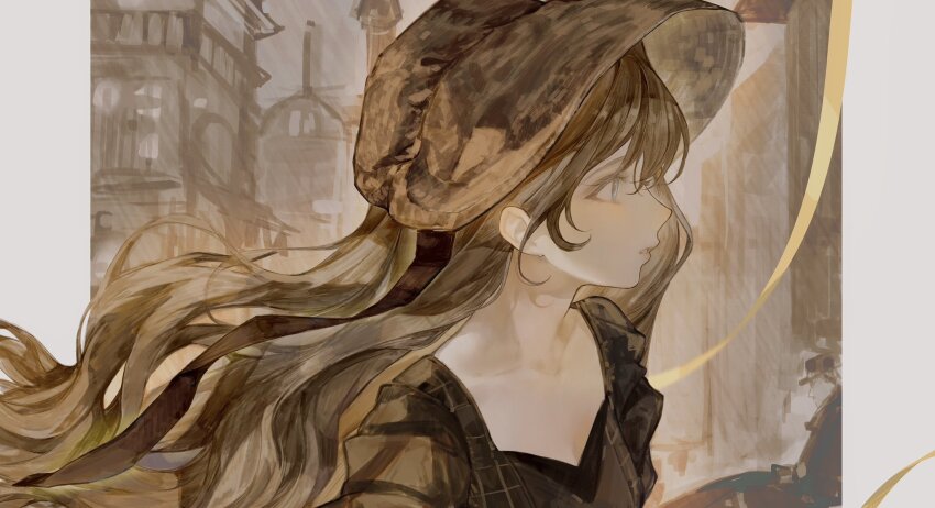 1girl blue_eyes border breasts brown_hair cleavage close-up collarbone cowboy_shot dress giraffe_three grey_border hair_between_eyes hat highres holding holding_paper long_hair long_sleeves looking_ahead medium_breasts original outdoors paper parted_lips solo upper_body