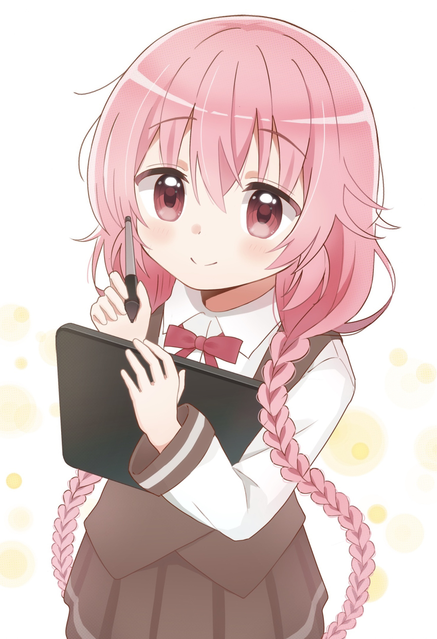 1girl braid child comic_girls commentary_request drawing_tablet highres holding holding_drawing_tablet holding_stylus komeko416 long_hair long_sleeves looking_at_viewer moeta_kaoruko neck_ribbon pink_eyes pink_hair pleated_skirt ribbon skirt smile solo stylus twin_braids very_long_hair vest