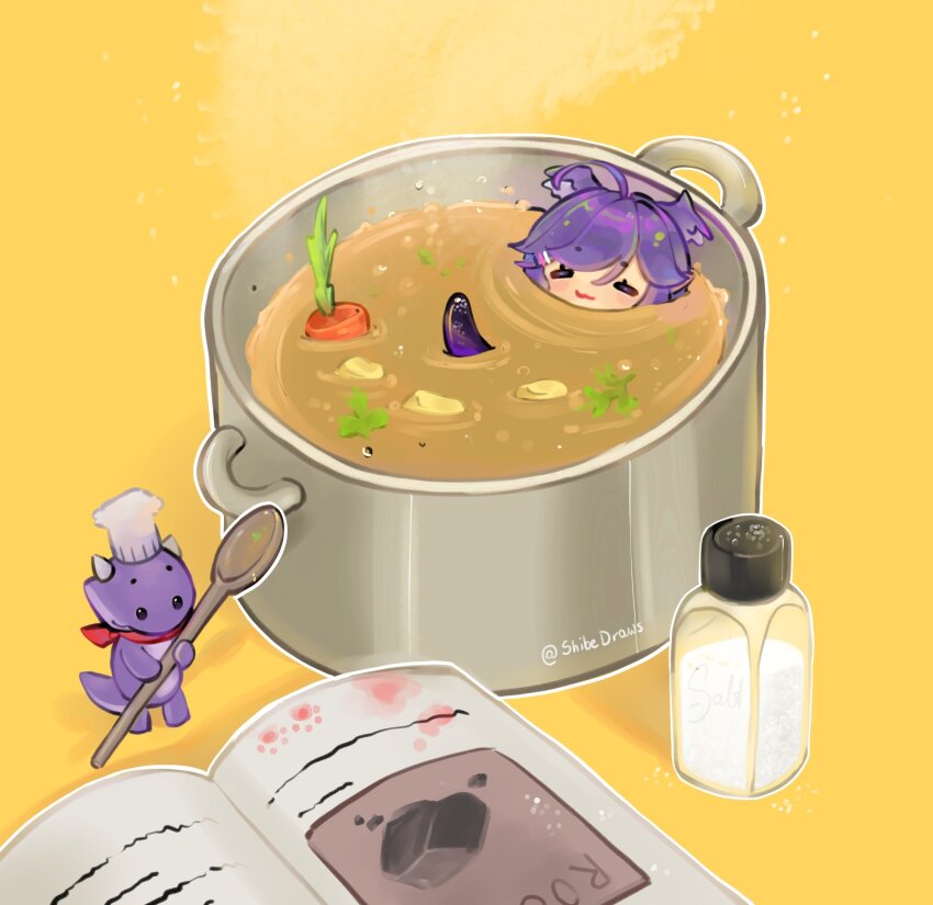 1girl 1other :3 ahoge archived_source bath bathing carrot chef_hat chibi closed_eyes cookbook cooking cooking_pot dragoon_(selen_tatsuki) hat head_wings highres holding holding_spoon mini_person minigirl nijisanji nijisanji_en purple_hair salt_shaker selen_tatsuki shibedraws smile spoon steam tail third-party_source twitter_username virtual_youtuber wings yellow_background