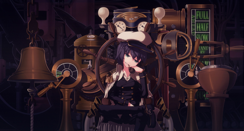 1girl alternate_costume black_hair english_text engrish_text female_focus green_eyes machine machinery military military_uniform murasa_minamitsu ranguage sailor short_hair sitting smoking_pipe solo tama_(pixiv) tama_(speedgrapher) touhou