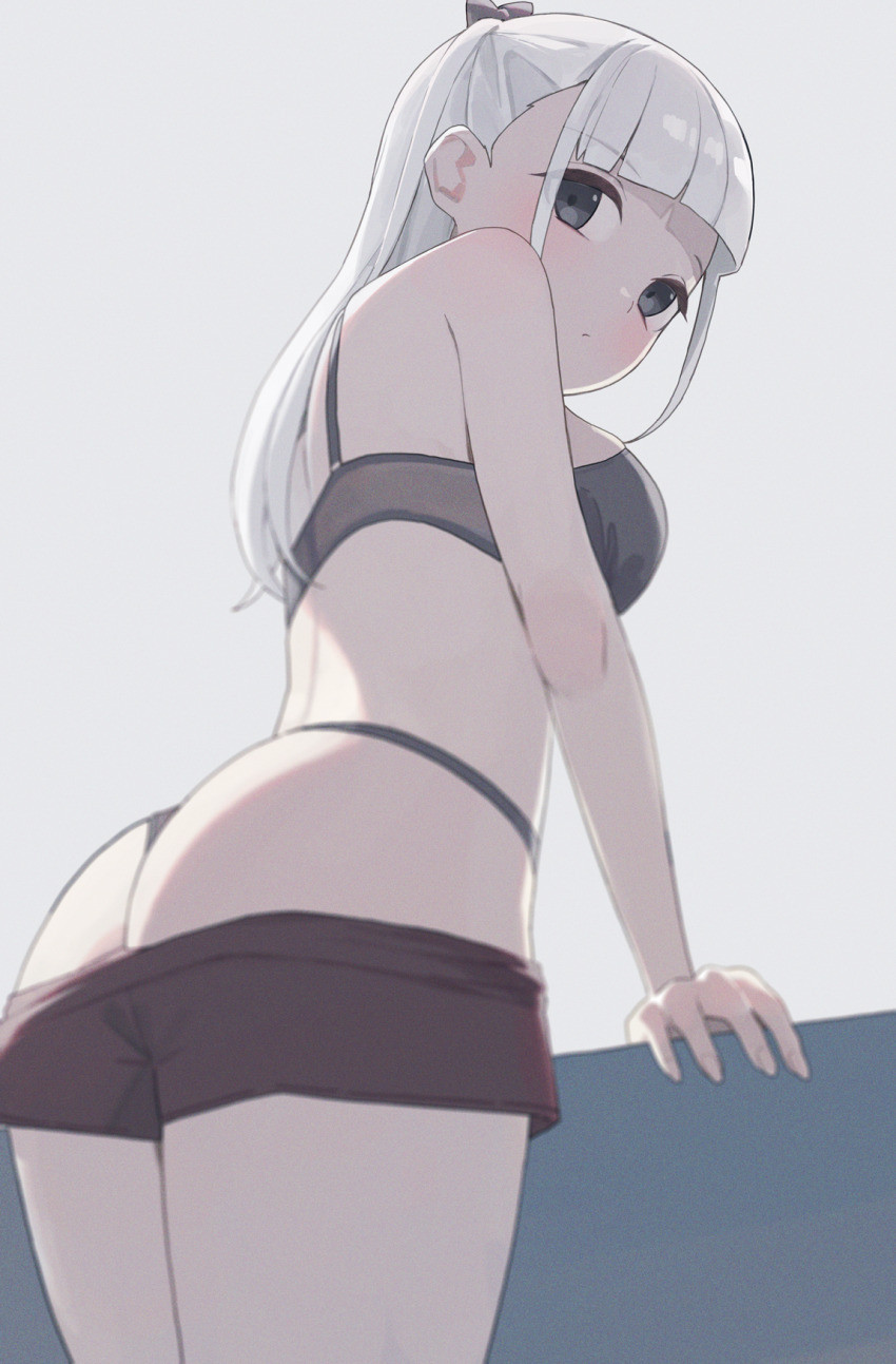 1girl ass black_bra black_eyes black_panties black_shorts bra breasts closed_mouth clothes_pull commentary grey_background highres hiroki_(yyqw7151) long_hair looking_at_viewer medium_breasts original panties shorts shorts_pull simple_background solo underwear white_hair