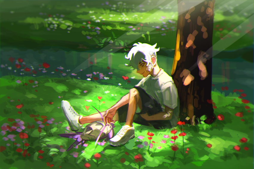 1boy aged_down bandage_on_face bandages black_shorts commentary_request creatures_(company) day flower game_freak gen_7_pokemon grass guzma_(pokemon) highres male_focus meipu_hm nintendo outdoors pokemon pokemon_(creature) pokemon_sm shirt shoes short_sleeves shorts sitting smile sneakers tree white_hair white_shirt wimpod