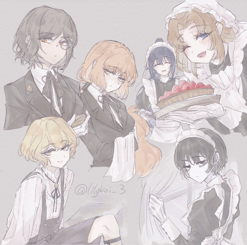 3boys 3girls ascot black_dress black_eyes black_hair brown_ascot brown_jacket dress food freckles fruit green_eyes hat highres holding holding_tray hong_lu_(project_moon) ishmael_(project_moon) jacket juliet_sleeves limbus_company long_hair long_sleeves looking_at_viewer low_ponytail maid_headdress mob_cap multiple_boys multiple_girls neck_ribbon orange_hair outis_(project_moon) project_moon puffy_sleeves ribbon riri_(kira0311) rodion_(project_moon) shirt sinclair_(project_moon) strawberry tart_(food) tray very_long_hair white_shirt yi_sang_(project_moon)