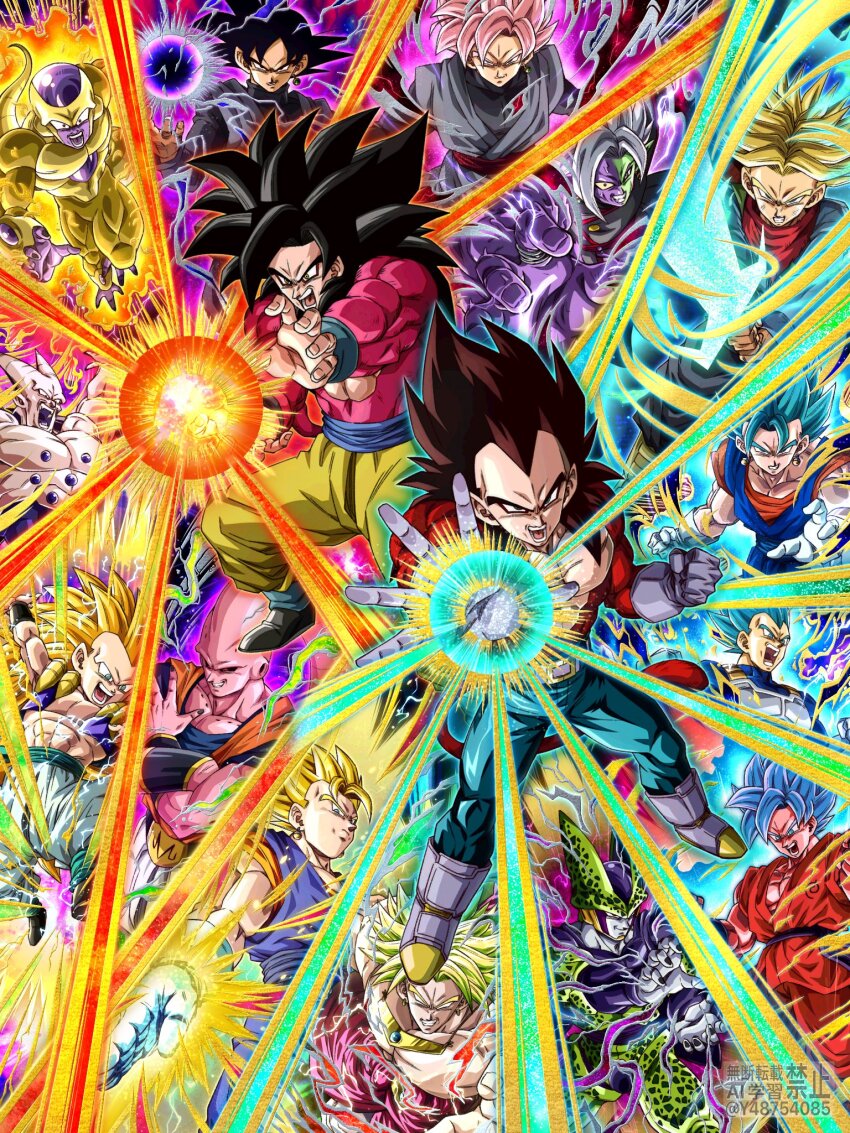 aura black_hair blue_eyes blue_sash boots broly_(dragon_ball_super) cell_(dragon_ball) dougi dragon_ball dragon_ball_gt dragon_ball_super dragon_ball_z_dokkan_battle earrings frieza fused_zamasu gloves gogeta goku_black gotenks highres jewelry kamehameha_(dragon_ball) long_hair looking_at_viewer majin_buu male_focus metamoran_vest monkey_boy monkey_tail multiple_boys muscular muscular_male omega_shenron pants potara_earrings sash shirt son_goku spiked_hair super_saiyan super_saiyan_3 super_saiyan_4 super_saiyan_blue tail trunks_(dragon_ball) trunks_(future)_(dragon_ball) vegeta vegetto wai_(y48754085) white_gloves zamasu