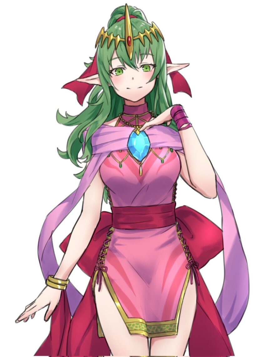 1girl blue_gemstone bracelet breasts closed_mouth commentary_request cross-laced_slit dress fire_emblem fire_emblem_awakening fire_emblem_heroes gem green_eyes green_hair high_ponytail highres jewelry long_hair looking_at_viewer nintendo official_alternate_costume pink_dress pointy_ears short_dress simple_background sleeveless sleeveless_dress smile solo standing tiara tiki_(adult)_(fated_divinity)_(fire_emblem) tiki_(adult)_(fire_emblem) tiki_(fire_emblem) white_background zuzu_(ywpd8853)