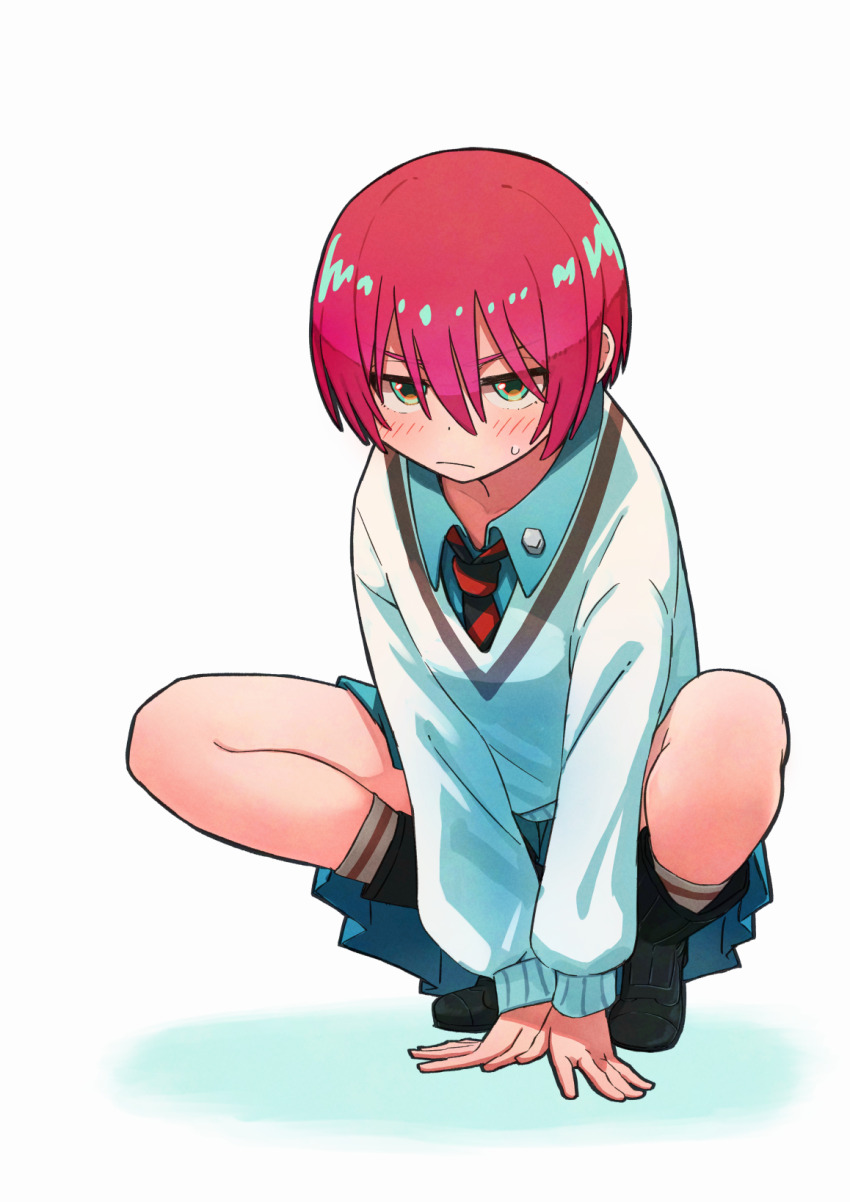 1girl amate_yuzuriha aqua_eyes blush boots dress gundam gundam_gquuuuuux highres necktie pleated_dress red_hair school_uniform short_hair solo squatting sweater