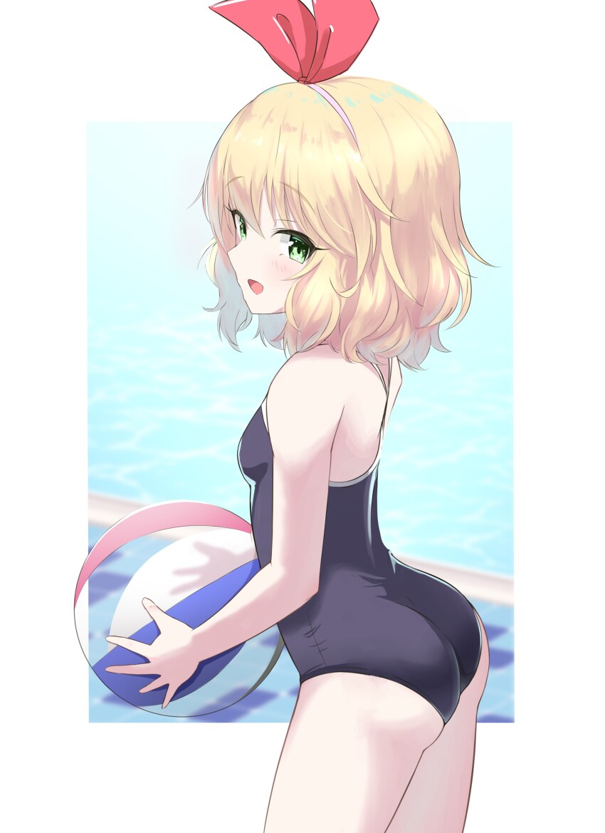 1girl absurdres ass ball bare_arms bare_legs beachball blonde_hair blue_one-piece_swimsuit blush breasts green_eyes highres idolmaster idolmaster_cinderella_girls looking_at_viewer looking_to_the_side minamoto_tarou one-piece_swimsuit sakurai_momoka school_swimsuit short_hair small_breasts smile solo swimsuit