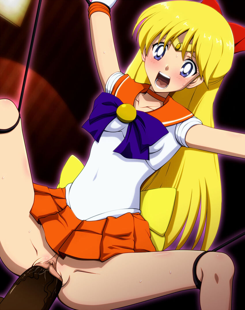 1boy 1girl aino_minako bishoujo_senshi_sailor_moon blonde_hair blue_eyes blush censored circle_anco dark-skinned_male dark_skin interracial open_mouth penis pussy sailor_venus sex skirt vaginal