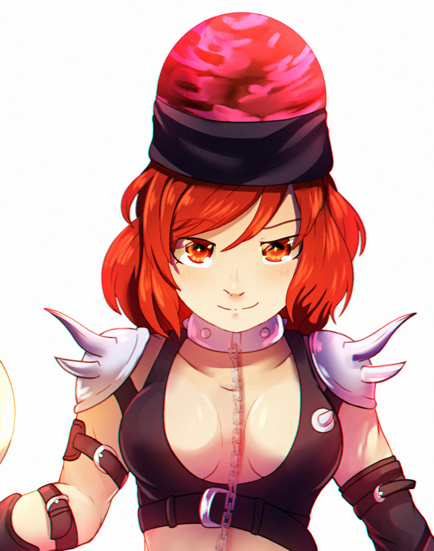 1girl armor breasts closed_mouth collarbone cosplay dungeon_toaster hecate_(persona_5) hecate_(persona_5)_(cosplay) hecatia_lapislazuli highres light_smile looking_at_viewer medium_breasts red_eyes red_hair shin_megami_tensei shin_megami_tensei_i short_hair shoulder_armor simple_background solo touhou upper_body white_background