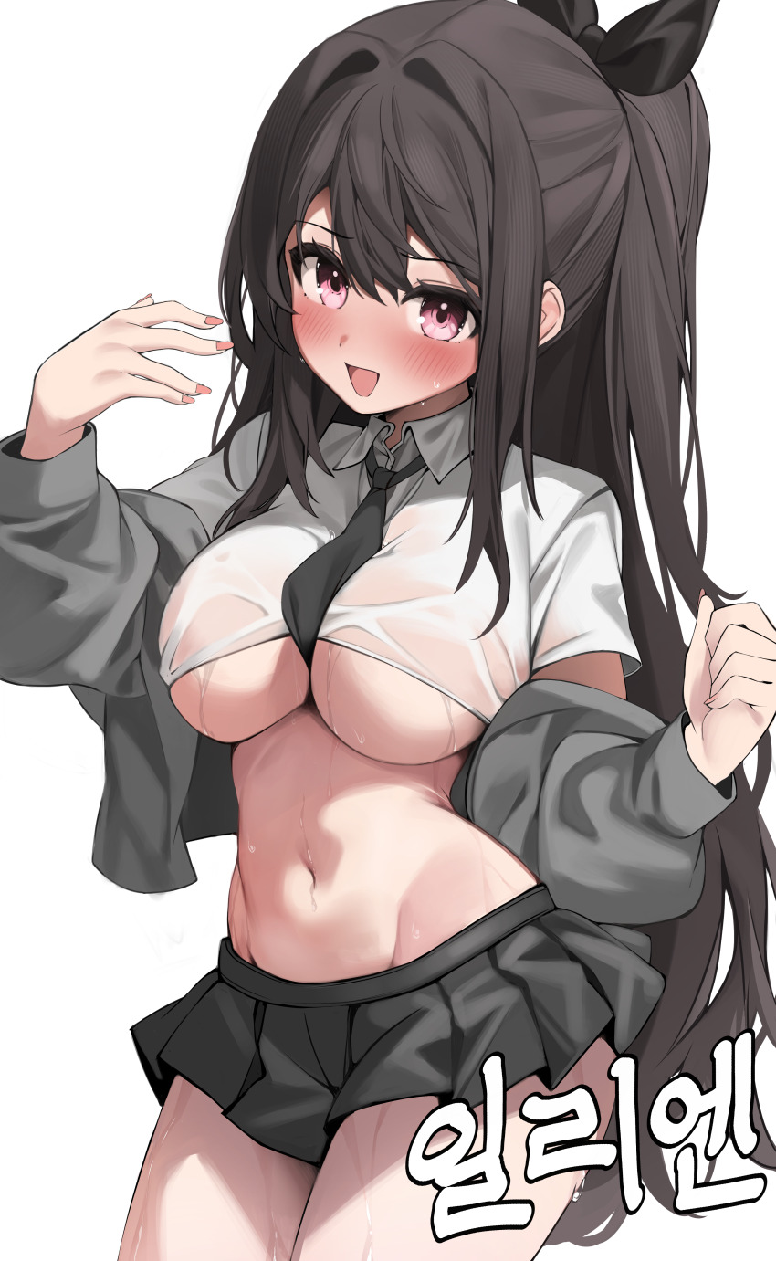 1girl absurdres between_breasts black_hair black_necktie black_skirt blush breasts collared_shirt commission cowboy_shot crop_top embarrassed grey_jacket hair_ribbon hand_up highres jacket kiro_(kirotayu) large_breasts long_hair long_sleeves looking_at_viewer midriff miniskirt navel necktie necktie_between_breasts no_bra nose_blush off_shoulder open_clothes open_jacket open_mouth original pleated_skirt ponytail red_eyes ribbon second-party_source shirt short_sleeves simple_background skirt smile solo stomach sweat thighs underboob very_long_hair wet wet_clothes wet_shirt white_background white_shirt