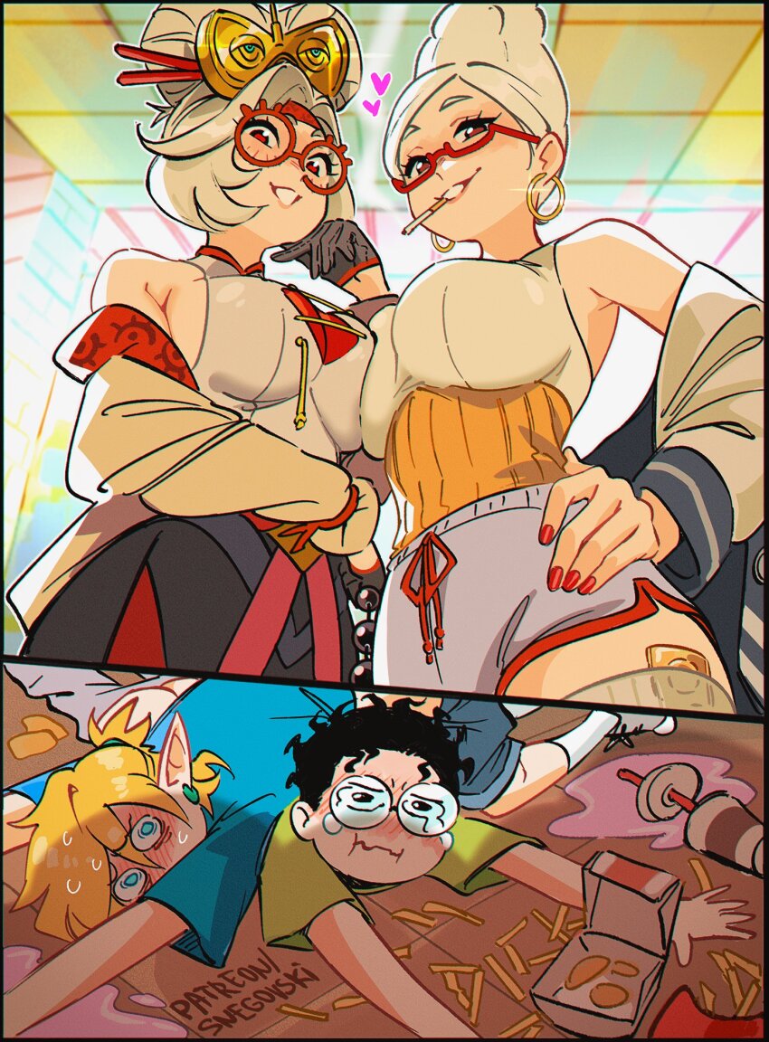 2boys 2girls apu_spills_his_tendies_(meme) asymmetrical_docking ayase_seiko beehive_hairdo blonde_hair breast_press breasts crossover dandadan earrings eyeshadow glasses gloves hair_ornament hair_stick highres jewelry large_breasts link looking_at_viewer makeup mature_female meme multiple_boys multiple_girls nail_polish nintendo purah red-framed_eyewear red_eyes round_eyewear sheikah short_hair snegovski takakura_ken_(dandadan) tall_hair the_legend_of_zelda the_legend_of_zelda:_tears_of_the_kingdom trait_connection white_hair