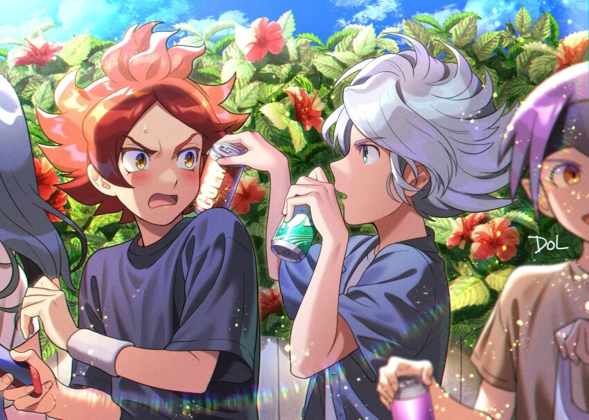 1girl 3boys black_headband blue_eyes blue_hair blue_shirt blush bush can dolustoy eisei_gakuen flower grey_hair grey_shirt headband highres holding holding_can inazuma_eleven_(series) inazuma_eleven_ares_no_tenbin long_hair male_focus multiple_boys mutou_satoshi nagumo_haruya open_clothes open_shirt orange_eyes purple_hair red_flower red_hair shirt spiked_hair suzuno_fuusuke sweatband upper_body urubida white_shirt wristband yellow_eyes