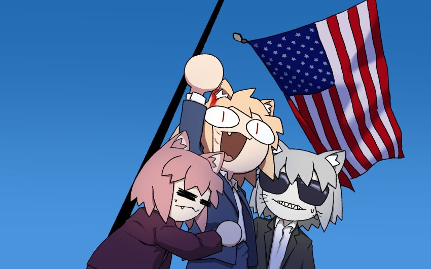 1boy 2024_attempted_assassination_of_donald_trump 2girls =_= american_flag animal_ears arm_up black_jacket black_suit blonde_hair blood blood_from_ears blood_on_face blue_sky blue_suit cat_boy cat_ears cat_girl day fang ferr formal_clothes grey_hair highres jacket meme multiple_girls neco-arc neco-arc_chaos neco-arc_destiny open_mouth outdoors photo-referenced pink_hair purple_jacket purple_suit red_eyes sharp_teeth sky slit_pupils suit suit_jacket sunglasses sweatdrop teeth tsukihime