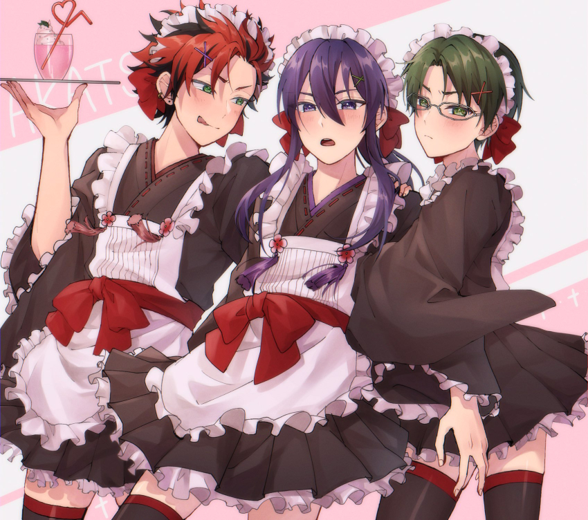 3boys :p akatsuki_(ensemble_stars!) apron bangs_pinned_back black_dress black_hair black_thighhighs blush bow cherry_blossoms closed_mouth cowboy_shot crossdressing dress drinking_straw earrings ensemble_stars! food furisode_sleeves furrowed_brow green_eyes green_hair hair_between_eyes hair_bow hair_ornament hand_on_another&#039;s_shoulder hand_up haruko_21 hasumi_keito highres holding holding_tray ice_cream ice_cream_float japanese_clothes jewelry kanzaki_souma kimono_dress kiryu_kuro long_hair long_sleeves looking_at_viewer maid maid_apron maid_headdress male_focus multiple_boys multiple_earrings pink_background pleated_dress ponytail purple_eyes purple_hair red_bow red_hair red_sash red_trim ribbon-trimmed_collar ribbon_trim sash short_dress sidelocks spiked_hair striped_background tassel teeth thighhighs tongue tongue_out tray upper_teeth_only v-shaped_eyebrows wa_maid wide_sleeves x_hair_ornament zettai_ryouiki