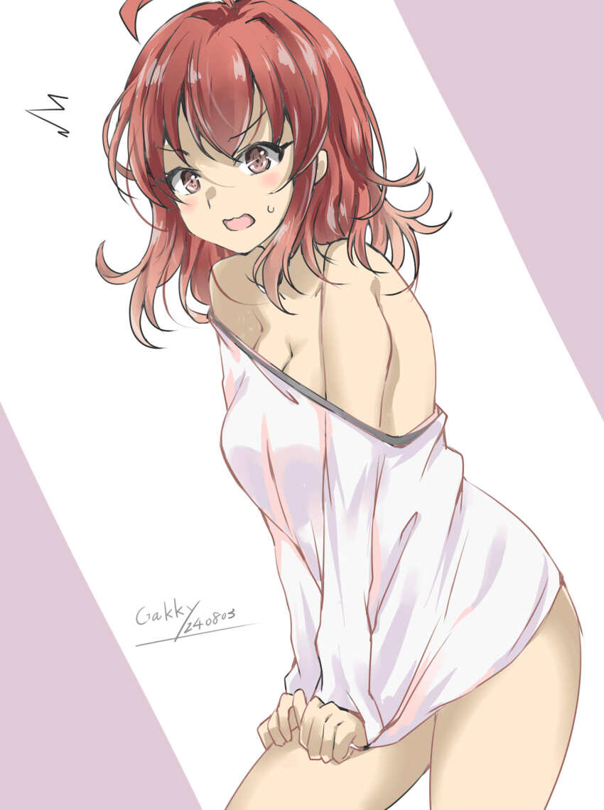 1girl ahoge arashi_(kancolle) blush breasts cowboy_shot dated embarrassed gakky highres kantai_collection long_sleeves messy_hair no_panties open_mouth red_hair shirt short_hair signature white_background white_shirt