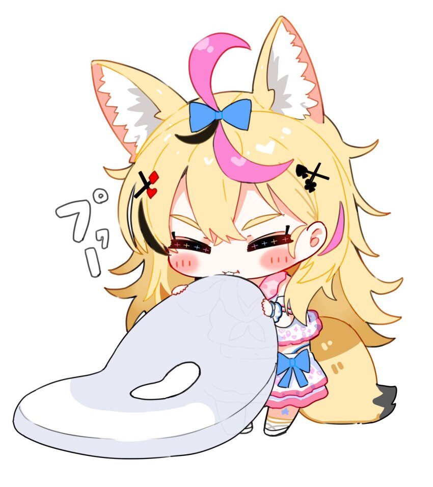 1girl ahoge alternate_costume animal_ear_fluff animal_ears black_hair blonde_hair blowing blue_bow bow chibi closed_eyes closed_mouth fox_ears fox_girl fox_tail full_body hair_bow hair_ornament hands_up highres holding holding_swim_ring hololive inflating innertube kou_mashiro long_hair multicolored_hair omaru_polka pink_hair sidelocks simple_background solo sound_effects standing streaked_hair swim_ring swimsuit tail v-shaped_eyebrows virtual_youtuber white_background x_hair_ornament