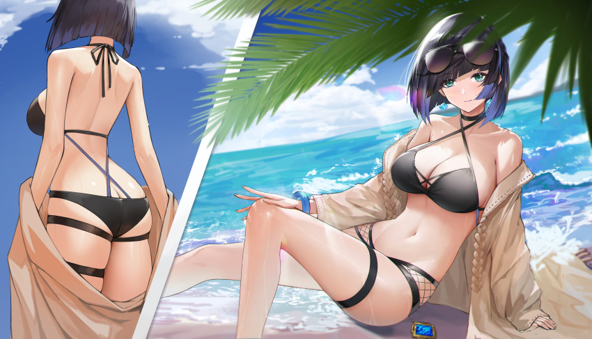 1girl absurdres bad_id bad_pixiv_id beach bikini black_bikini bob_cut breasts catfish cleavage cloud ear_piercing female_focus fish genera-x genshin_impact green_eyes halter_top_bikini halterneck highres looking_at_viewer navel piercing sky smile sunglasses sunglasses_on_head swimsuit thigh_strap thighs vision_(genshin_impact) yelan_(genshin_impact)