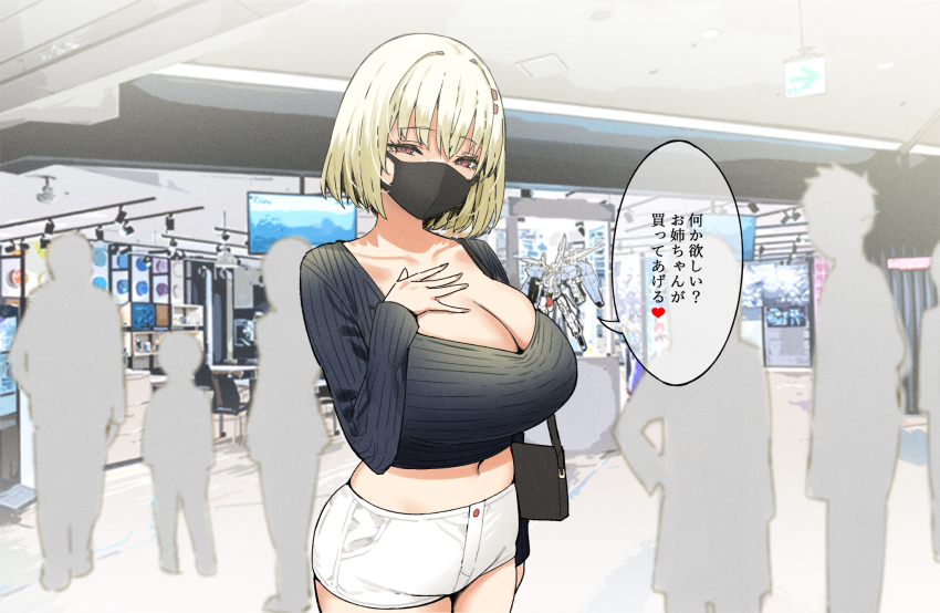 1girl bag blonde_hair breasts brown_eyes cleavage collarbone commentary_request hair_ornament hairclip hand_on_own_chest handbag highres himeko_(sky-freedom) joshi_kousei_rich_thots large_breasts mask midriff mouth_mask original short_hair shorts sky-freedom solo_focus speech_bubble translation_request white_shorts