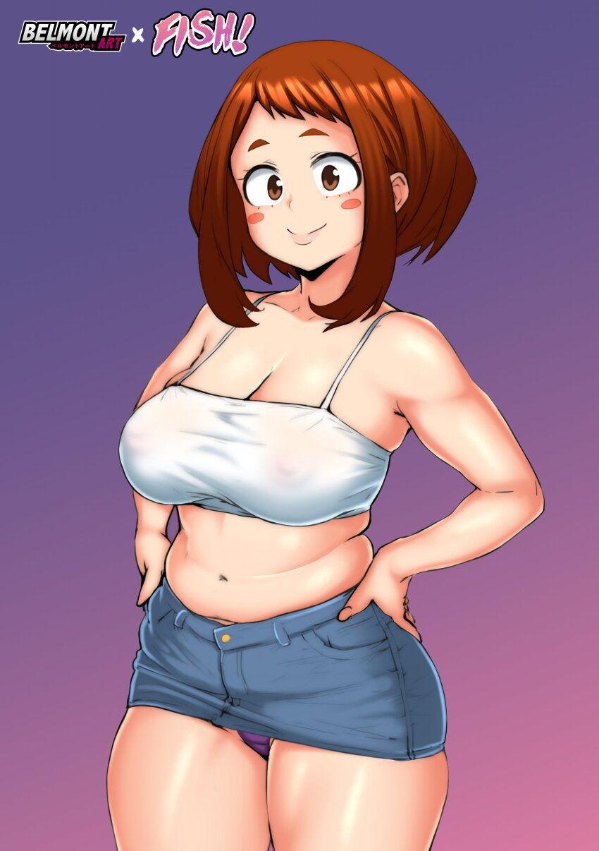 1girl absurdres artist_collaboration belmont_art blush_stickers boku_no_hero_academia breasts brown_eyes brown_hair camisole cleavage commentary covered_erect_nipples cowboy_shot crop_top denim denim_skirt hands_on_own_hips highres large_breasts long_hair microskirt midriff muffin_top navel panties parallaxfused plump purple_panties see-through_clothes skirt smile solo spaghetti_strap underwear uraraka_ochako white_camisole