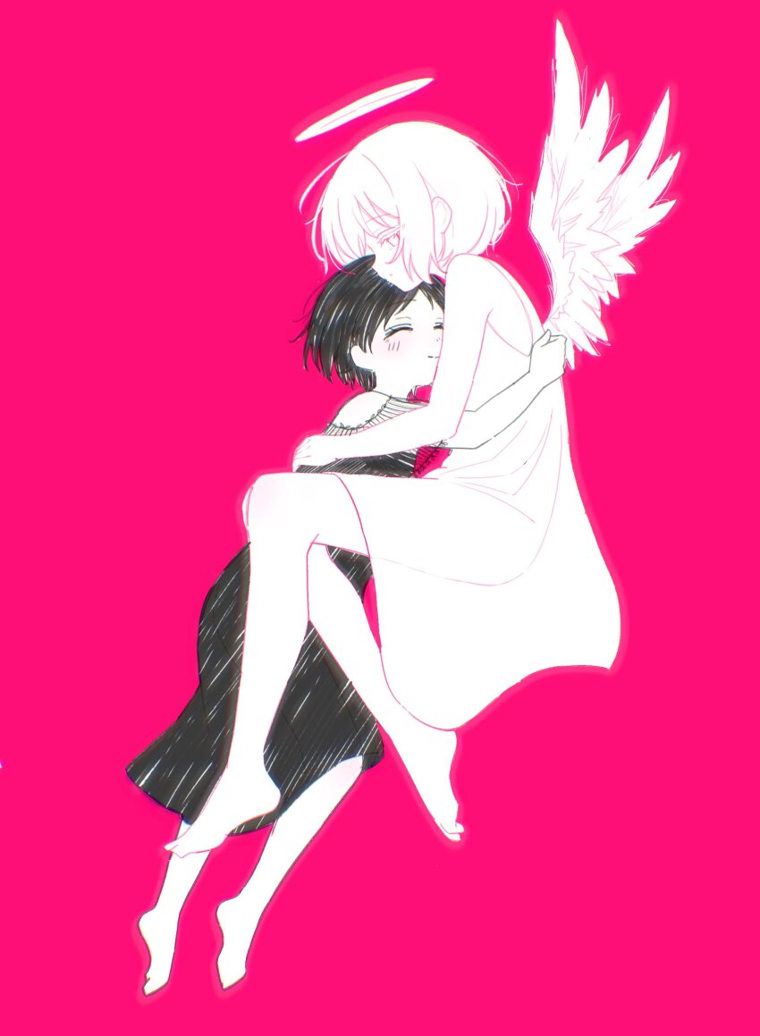 2girls absurdres angel angel_wings black_dress black_hair closed_eyes closed_mouth colored_eyelashes dress halo highres hug imawa-san_(iyowa) imawanokiwa_(vocaloid) iyowa_girls looking_at_another mother_and_daughter multiple_girls pink_background shio_(inu_u27) short_hair smile traditional_halo white_dress white_eyelashes white_eyes white_hair white_wings wings