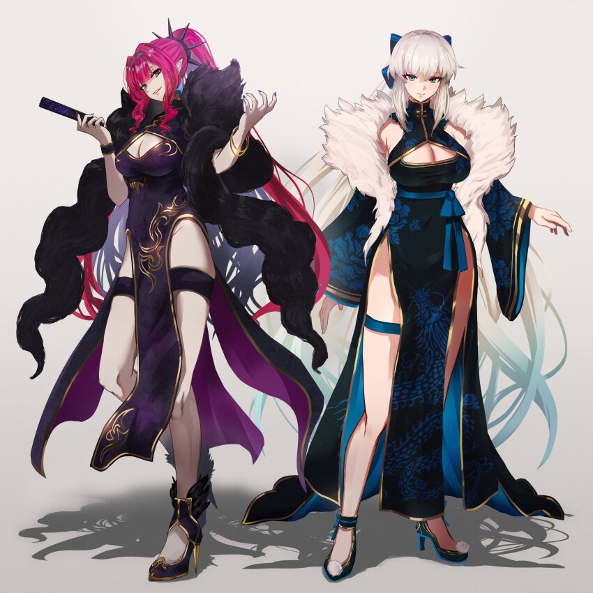 2girls absurdres baobhan_sith_(fate) bare_shoulders black_bow blue_eyes bow braid breasts china_dress chinese_clothes cleavage cleavage_cutout clothing_cutout dress fate/grand_order fate_(series) french_braid full_body grey_eyes grey_hair hair_bow highres large_breasts long_hair looking_at_viewer morgan_le_fay_(fate) multiple_girls pelvic_curtain pink_hair pointy_ears ponytail shibao_aoyama sidelocks very_long_hair