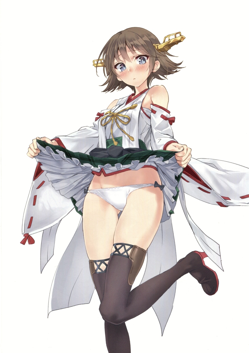 1girl absurdres bare_shoulders blue_eyes blush boots brown_hair closed_mouth clothes_lift detached_sleeves embarrassed fingernails flipped_hair green_skirt hair_ornament hairband headgear hiei_(kancolle) highres japanese_clothes kantai_collection leg_up lifting_own_clothes looking_at_viewer looking_down miniskirt no_legwear nontraditional_miko panties plaid_clothes plaid_skirt scan short_hair side-tie_panties skirt skirt_lift solo thigh_boots thighhighs underwear wide_sleeves yahako