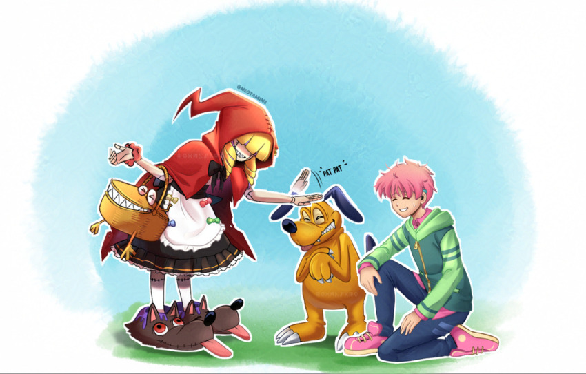 chaperomon digimon digimon_(creature) dog dogmon hood sharp_teeth smile tail teeth