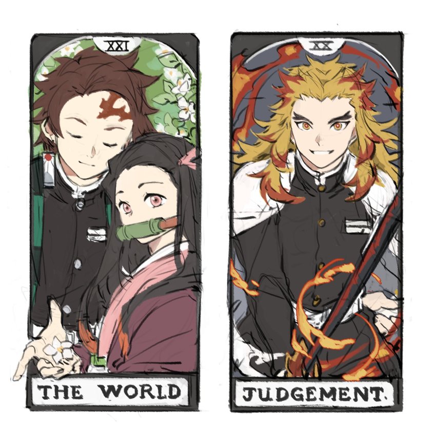 1girl 2boys bit_gag black_hair brown_hair cape card_(medium) closed_eyes fire forked_eyebrows gag gakuran hair_ribbon highres japanese_clothes judgement_(tarot) kamado_nezuko kamado_tanjirou katana kimetsu_no_yaiba long_hair looking_at_viewer multicolored_hair multiple_boys papajay_(jennygin2) parted_lips pink_eyes red_hair rengoku_kyoujurou ribbon scar scar_on_face school_uniform simple_background sword tarot tarot_(medium) the_world_(tarot) upper_body weapon white_background yellow_eyes