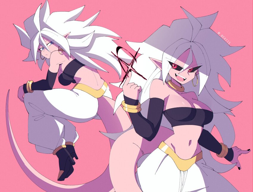 1girl absurdres android_21 ass blue_eyes boots breasts colored_sclera colored_skin curvy doppelganger dragon_ball dragon_ball_fighterz earrings high_heels highres jewelry large_breasts long_hair looking_at_viewer looking_back majin_android_21 navel nekis pink_background pink_skin red_eyes spiked_hair tail teeth upper_teeth_only white_hair