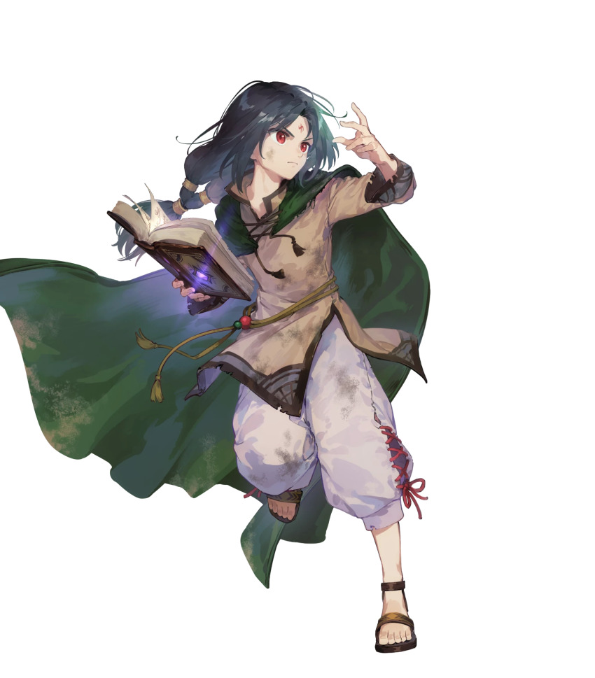 1boy black_hair book cape child closed_mouth dirty dirty_clothes facial_mark fighting_stance fire_emblem fire_emblem:_path_of_radiance fire_emblem_heroes forehead_mark gem glowing_gem green_cape highres holding holding_book long_hair male_focus nintendo non-web_source official_art pants parted_bangs purple_gemstone red_eyes sandals soren_(fire_emblem) soren_(hushed_voice)_(fire_emblem) suzuki_iori transparent_background white_pants