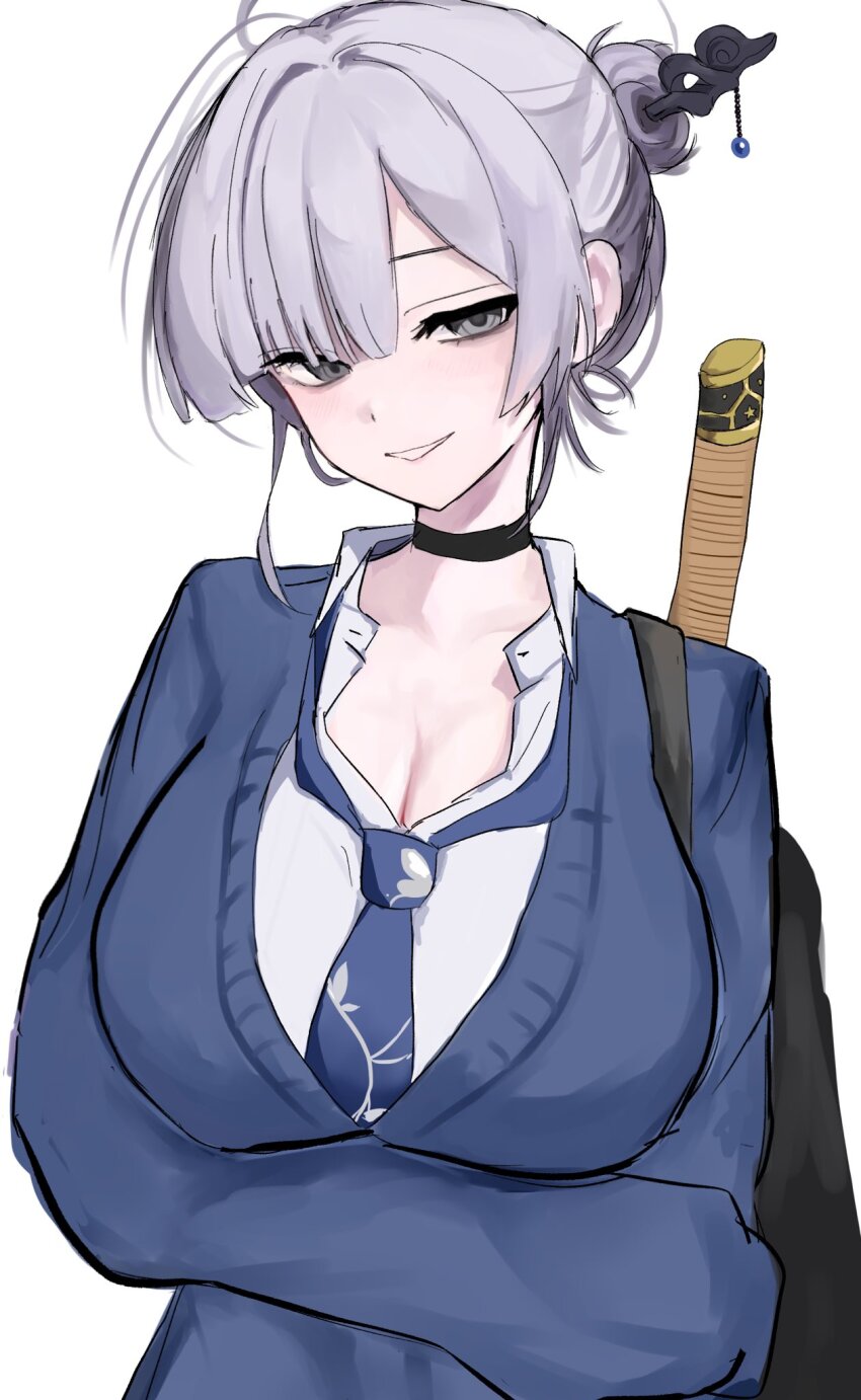 1girl bag bags_under_eyes black_choker blazer blue_jacket blue_necktie breasts choker cleavage collared_shirt crossed_arms grey_eyes grey_hair hair_bun hair_ornament hair_stick halo highres itokonoue_kaoru jacket large_breasts looking_at_viewer loose_necktie necktie project_kv riidayo0709 shirt shoulder_bag smile solo sword weapon weapon_on_back white_shirt