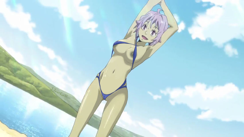 1girl breasts colored_skin female_focus female_goblin goblin green_skin grey_hair haruna_(tensura) medium_breasts nipples outdoors silverfoxchild12 slingshot_swimsuit solo swimsuit tensei_shitara_slime_datta_ken third-party_edit water