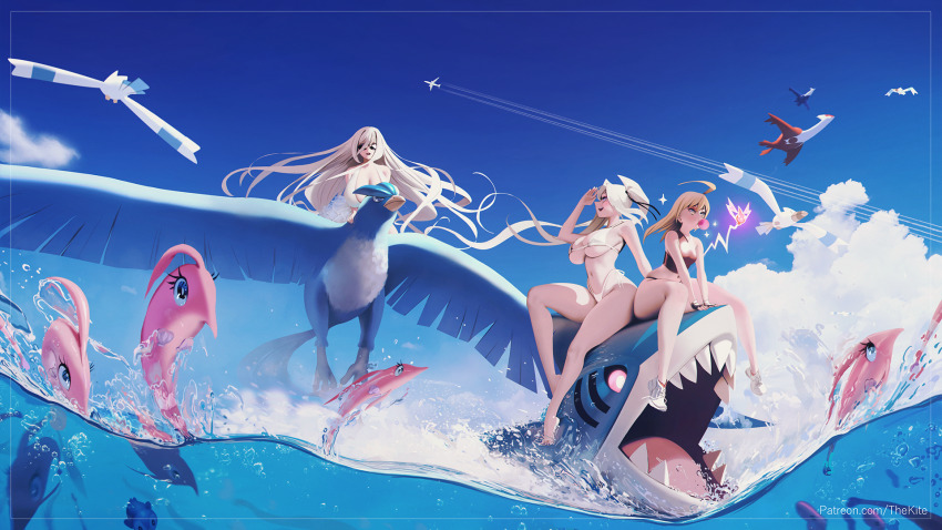 3girls ahoge articuno bikini blonde_hair breasts cleavage creatures_(company) fingerless_gloves game_freak gen_1_pokemon gen_3_pokemon gen_4_pokemon gloves hair_between_eyes halterneck highleg highleg_bikini highres huge_breasts large_breasts latias latios laure_lacroix legendary_pokemon long_hair multiple_girls nintendo original outdoors pokemon rotom sharpedo small_breasts sunglasses swimsuit the_kite twintails water white_bikini wingull