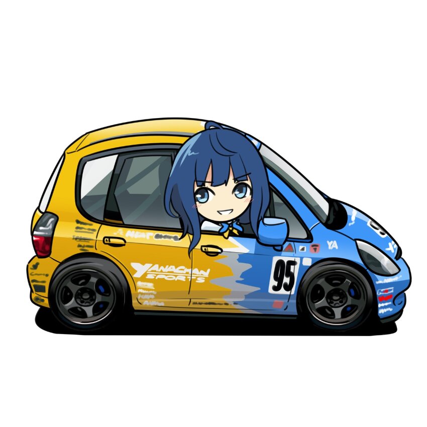 1girl blue_eyes blue_hair car driving highres holeecrab honda honda_fit looking_to_the_side make_heroine_ga_oo_sugiru! medium_hair motor_vehicle race_vehicle racecar simple_background smile solo spoon_sports super_taikyu v-shaped_eyebrows vehicle_focus white_background yanami_anna yellow_car