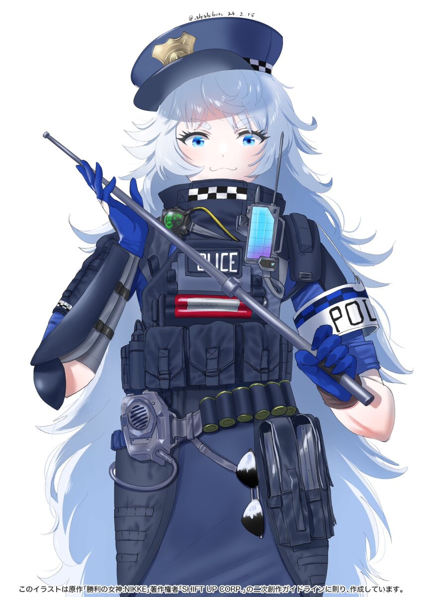 1girl :3 bandolier baton_(weapon) belt blue_eyes bulletproof_vest gloves goddess_of_victory:_nikke hat highres holding long_hair poli_(nikke) police police_hat police_uniform policewoman shishimaru_(shishibon) sidelocks smile solo tactical_clothes very_long_hair weapon white_hair