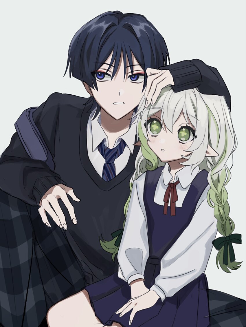 1boy 1girl alternate_costume alternate_hairstyle blue_eyes blue_hair clover-shaped_pupils commentary_request contemporary eyeshadow genshin_impact green_eyes green_hair grey_hair hand_on_another&#039;s_head highres long_hair looking_up loose_necktie makeup multicolored_hair nahida_(genshin_impact) necktie no6_gnsn pointy_ears red_eyeshadow scaramouche_(genshin_impact) school_uniform short_hair simple_background sitting symbol-shaped_pupils twintails