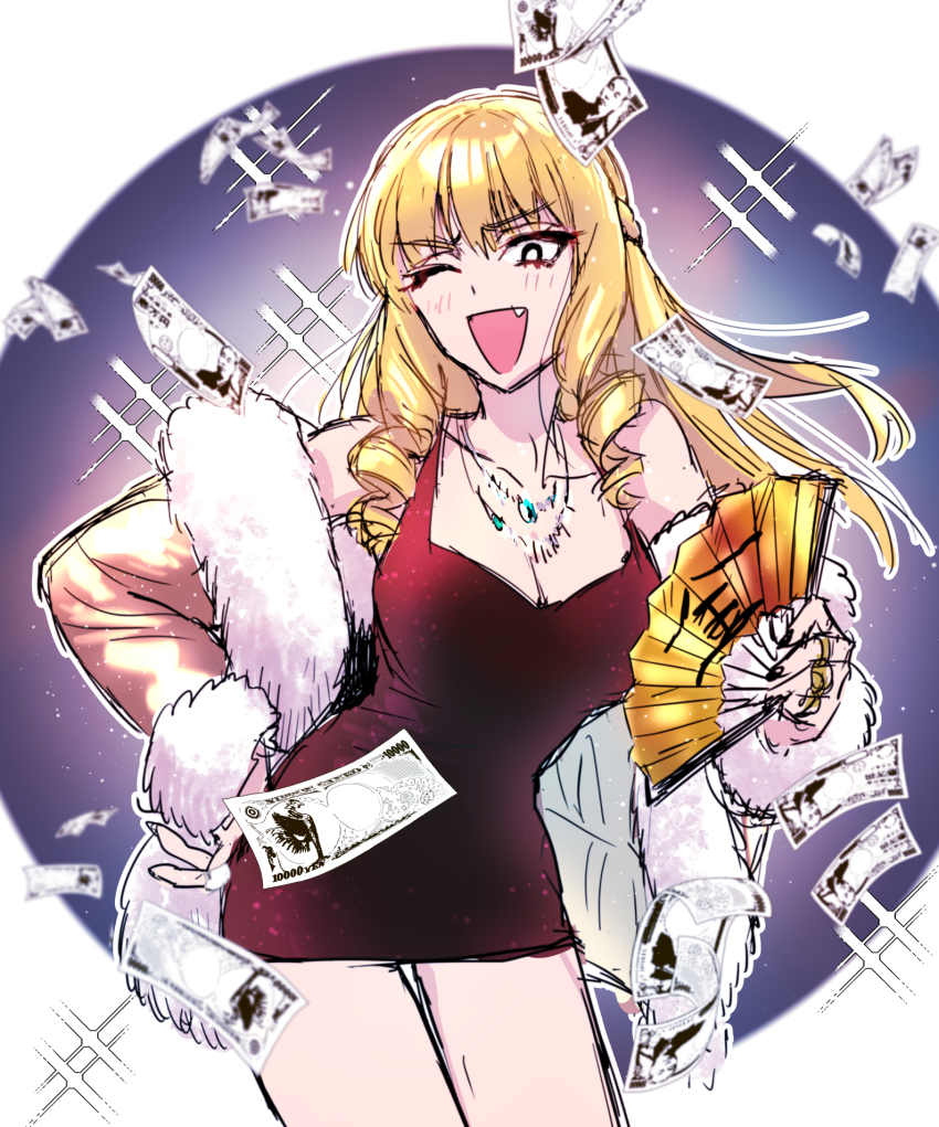 1girl banknote black_eyes blonde_hair blurry blurry_background blush border breasts bright_pupils cleavage cowboy_shot dress falling_money fang folding_fan fur-trimmed_jacket fur_trim gold_jacket half_updo hand_fan hand_on_own_hip highres holding holding_fan jacket jewelry kaneda_mochiko large_breasts leaning_forward long_hair long_sleeves looking_at_viewer microdress money mount_celeb_kaneda-san multiple_rings necklace okiraku_boy one_eye_closed open_mouth outside_border purple_background red_dress ring ringlets round_image smile solo sparkle standing white_border white_pupils