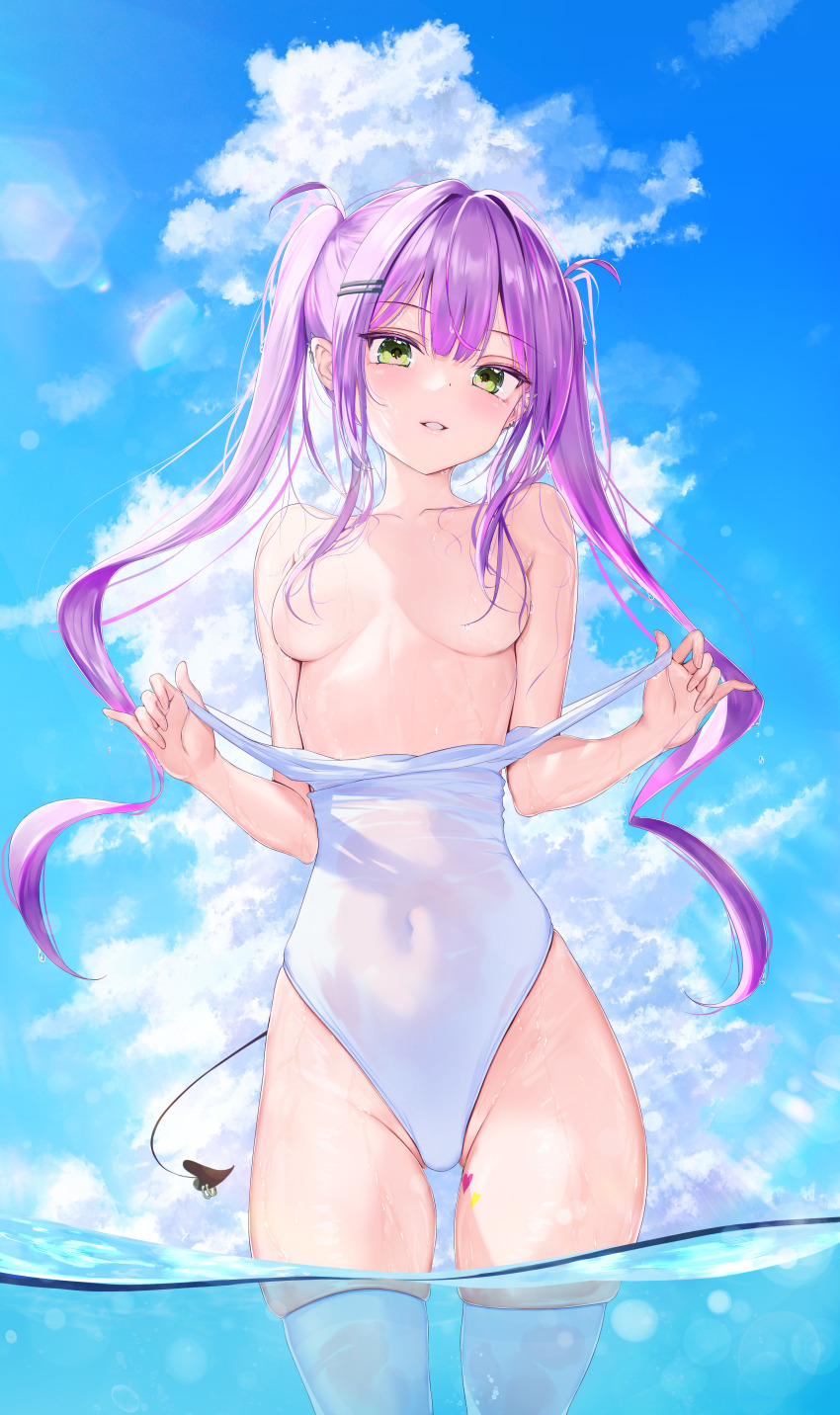 1girl absurdres alternate_costume blue_sky blush breasts censored censored_nipples closed_mouth cloud demon_girl demon_tail ear_piercing green_eyes hair_ornament hairpin heart heart_tattoo highres hololive leg_tattoo long_hair looking_at_viewer medium_breasts multicolored_hair one-piece_swimsuit piercing pink_hair purple_hair red_o7 sky smile solo streaked_hair swimsuit tail tattoo thighhighs tokoyami_towa twintails virtual_youtuber wading water white_one-piece_swimsuit white_thighhighs